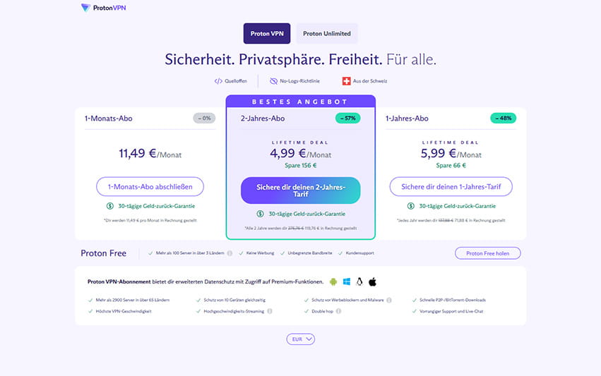 Übersicht über die Abos und Preise von ProtonVPN.