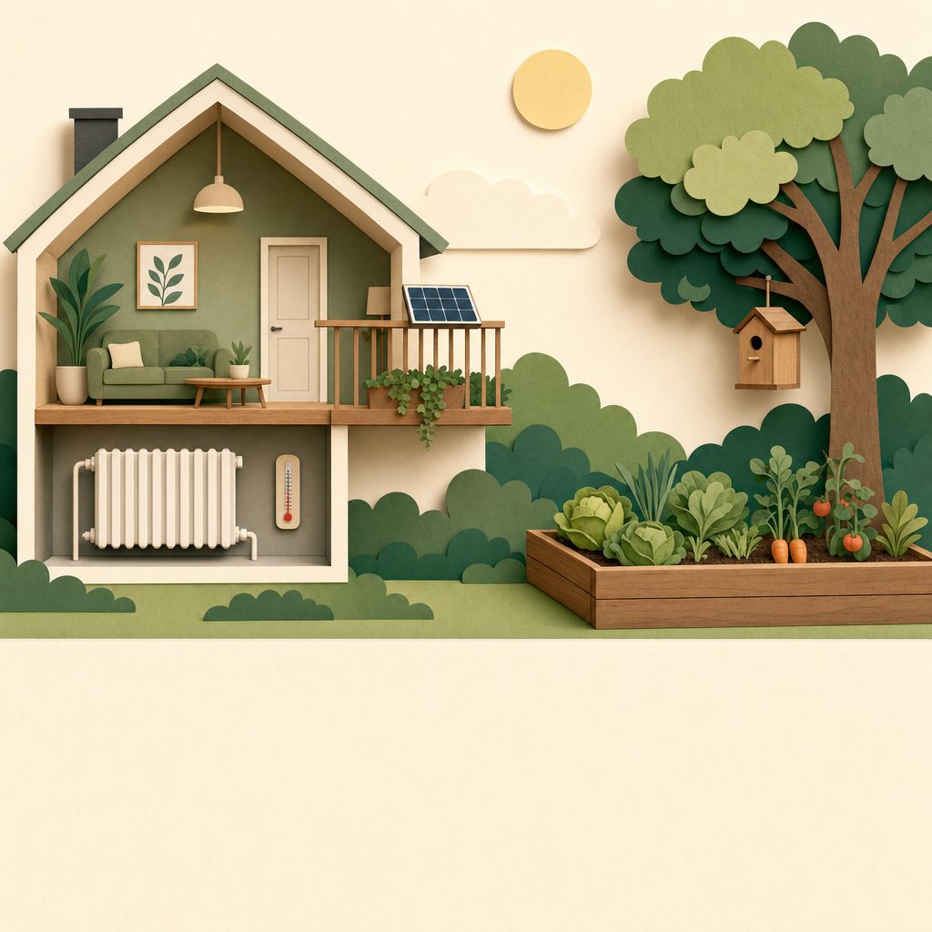 Illustration: Haus mit Heizkörper und Balkonkraftwerk, daneben Hochbeet und Nistkasten im Garten