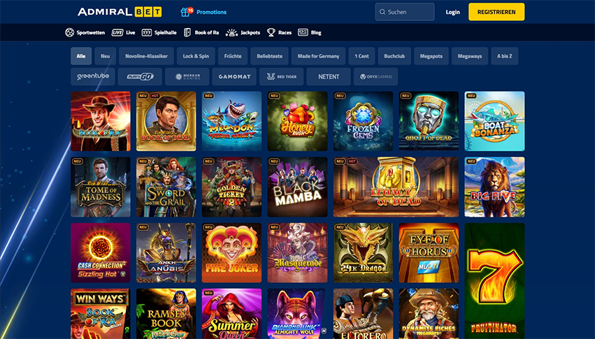 Bild der Startseite des AdmiralBet Online GlĂĽcksspielanbieters.