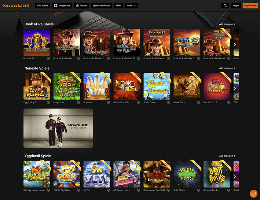 Bild der Startseite von Novoline.