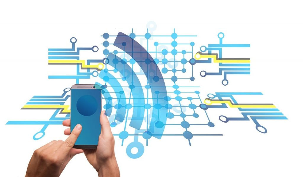 Visuelle Darstellung eines WLAN-Netzwerkes auf welches über ein Smartphone zugegriffen wird