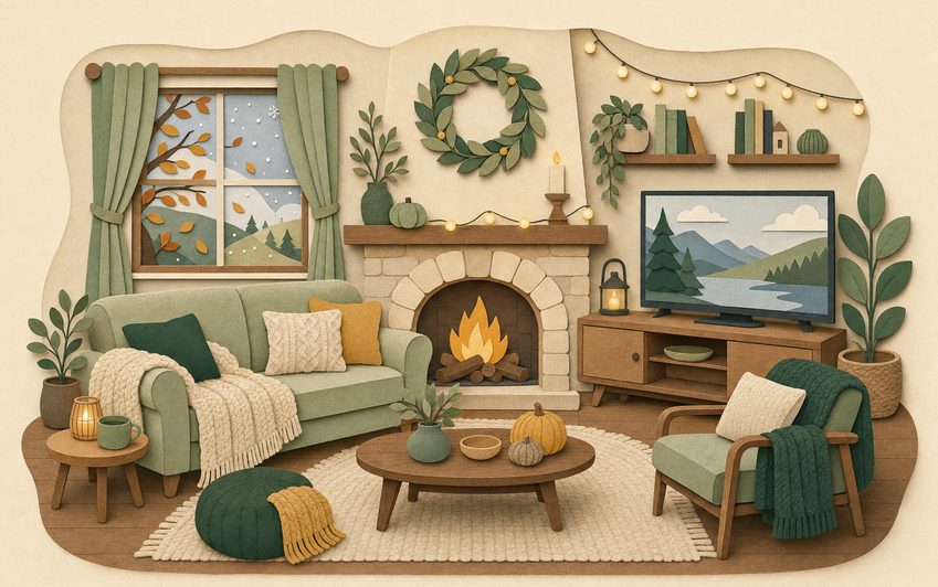 Ein gemütliches Wohnzimmer mit einem Sofa, einem Kamin und einem Fernseher.