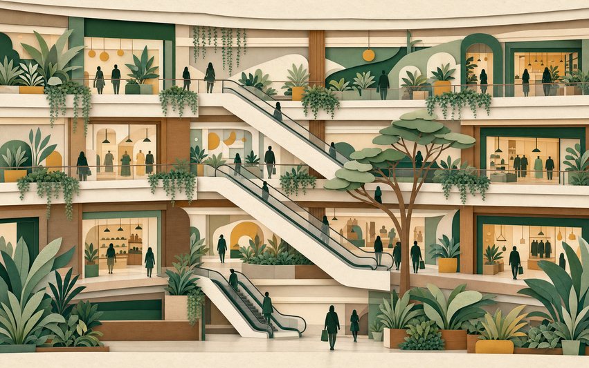 Einkaufszentrum im Querschnitt mit Galerien, Rolltreppen, Pflanzen und Läden.