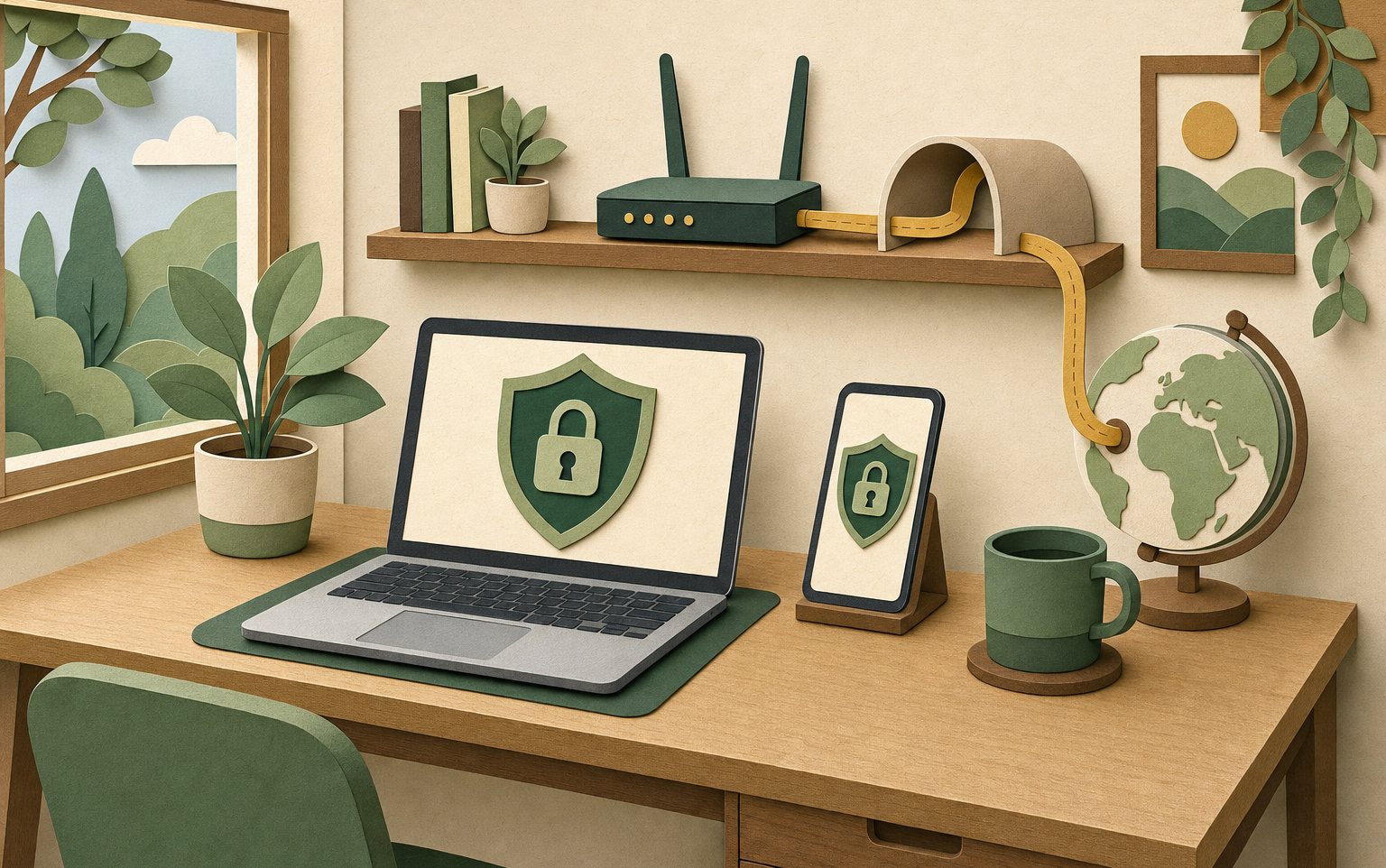 Schreibtisch mit Laptop und Smartphone, beide mit Schild-Symbol, dazu ein Router mit Kabel zu einem Globus.